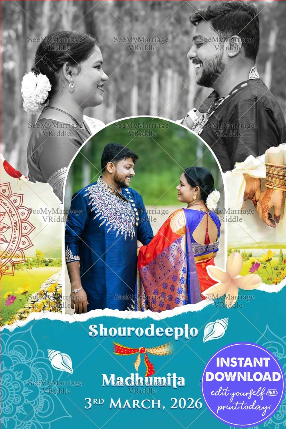 Monochrome Memories Bengali Wedding Welcome Banner with Add Photo and Floral Accents