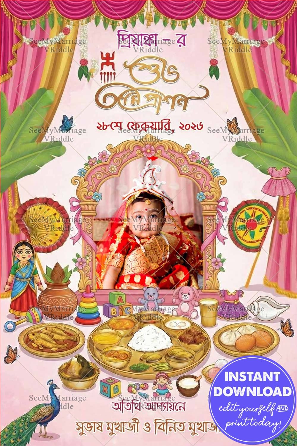 Joyful Bengali Annaprashan Ceremony Invitation with Add Photo, Festive Stage Decor & Grand Mukhe Bhat Feast