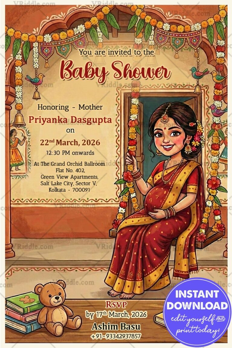 Graceful Bengali Shad Invitation Card with Decorated Swing, Mom-to-Be Artwork & Festive Traditional Ambience
