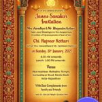 Royal Jain–Hindu Janeu Sanskar Invitation with Grand Temple-Style Arch, Ornate Floral Borders and Sacred Homa Ceremony Illustration