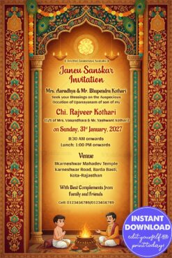 Royal Jain–Hindu Janeu Sanskar Invitation with Grand Temple-Style Arch, Ornate Floral Borders and Sacred Homa Ceremony Illustration