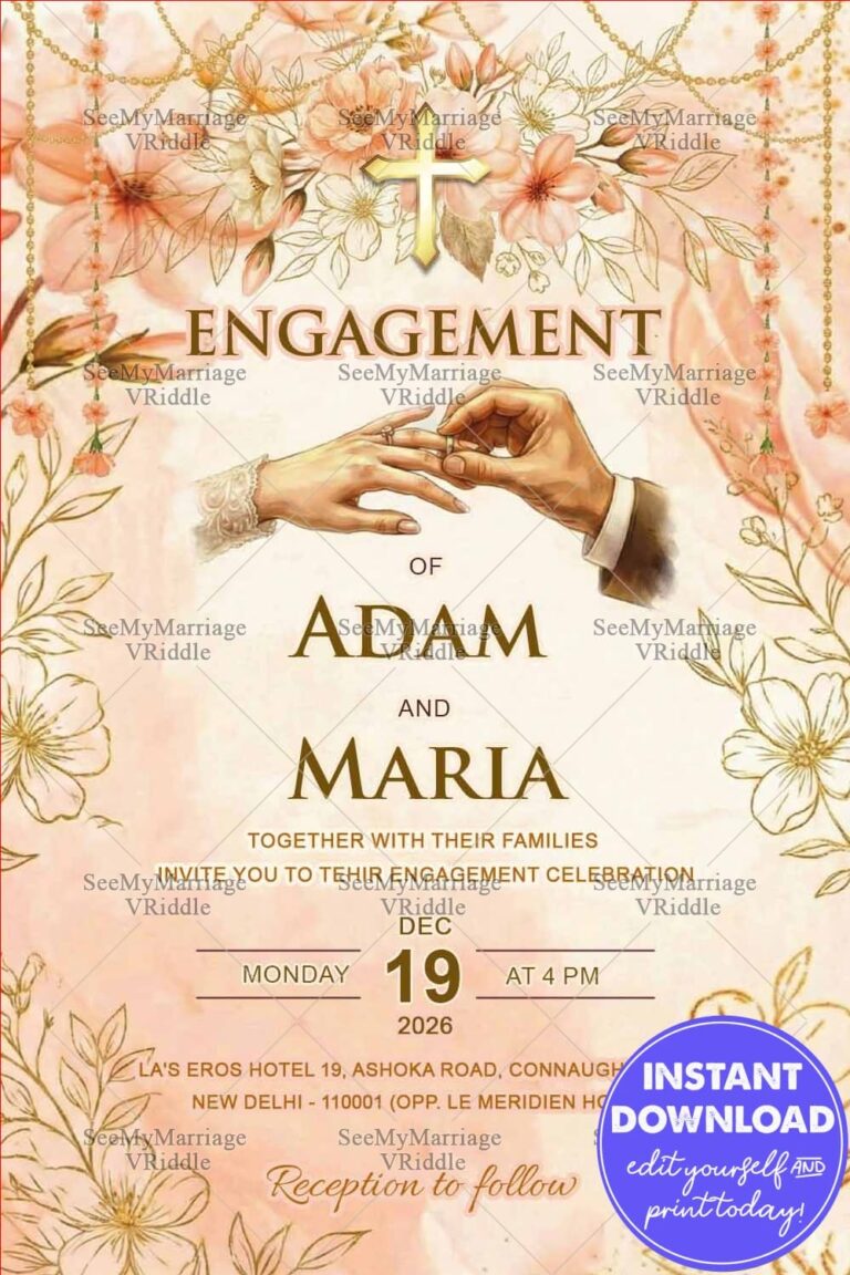 Soft Pastel Christian Engagement Invitation with Ring Exchange Illustration and Botanical Florals