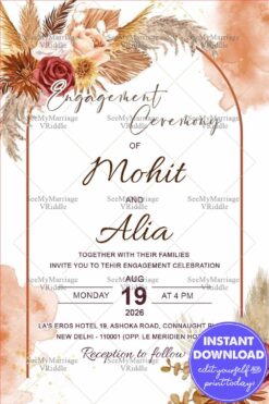 Soft Neutral Engagement Invitation Card with Featuring Dried Floral Elements, Pampas Grass & Modern Arch Design