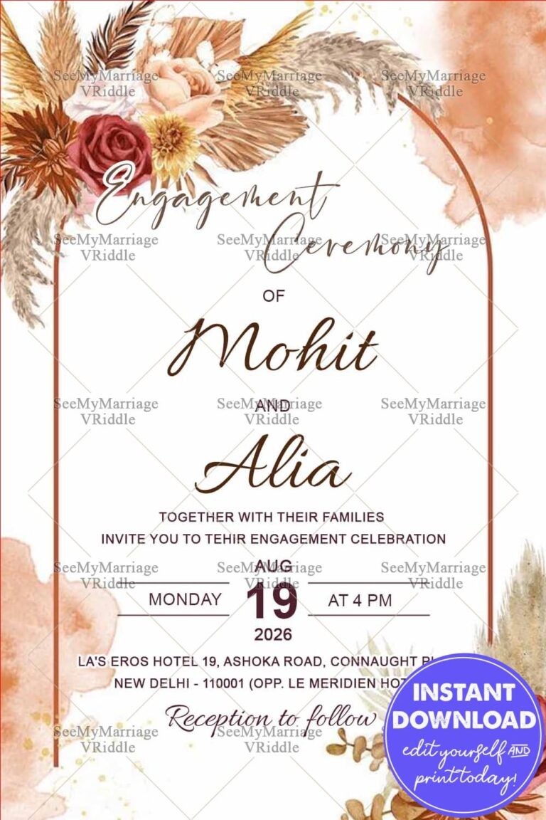 Soft Neutral Engagement Invitation Card with Featuring Dried Floral Elements, Pampas Grass & Modern Arch Design