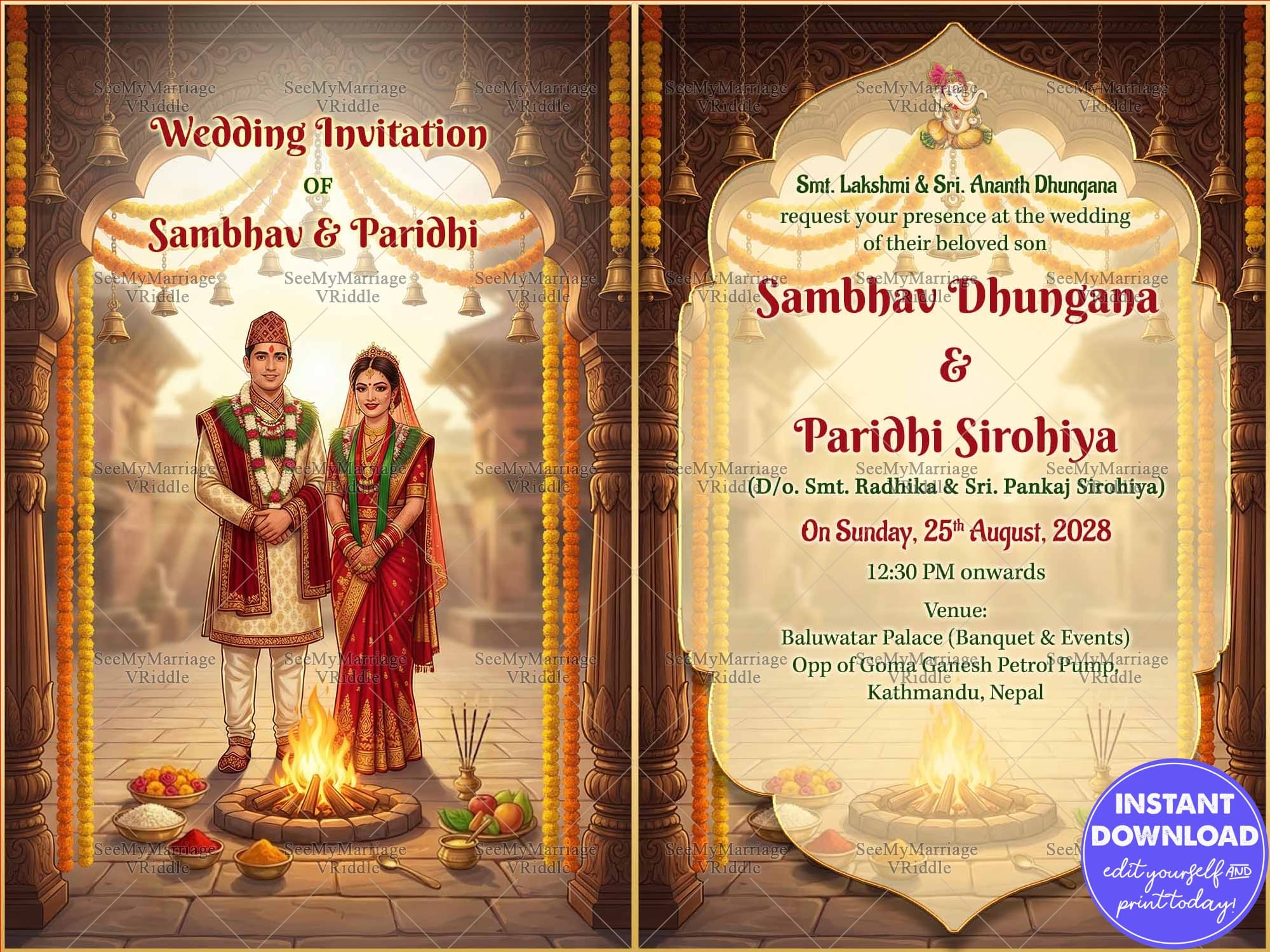 Two Leaf Nepali Wedding Invitation Card with Grand Temple Pillar Arches, Marigold Garlands and Couple Illustration