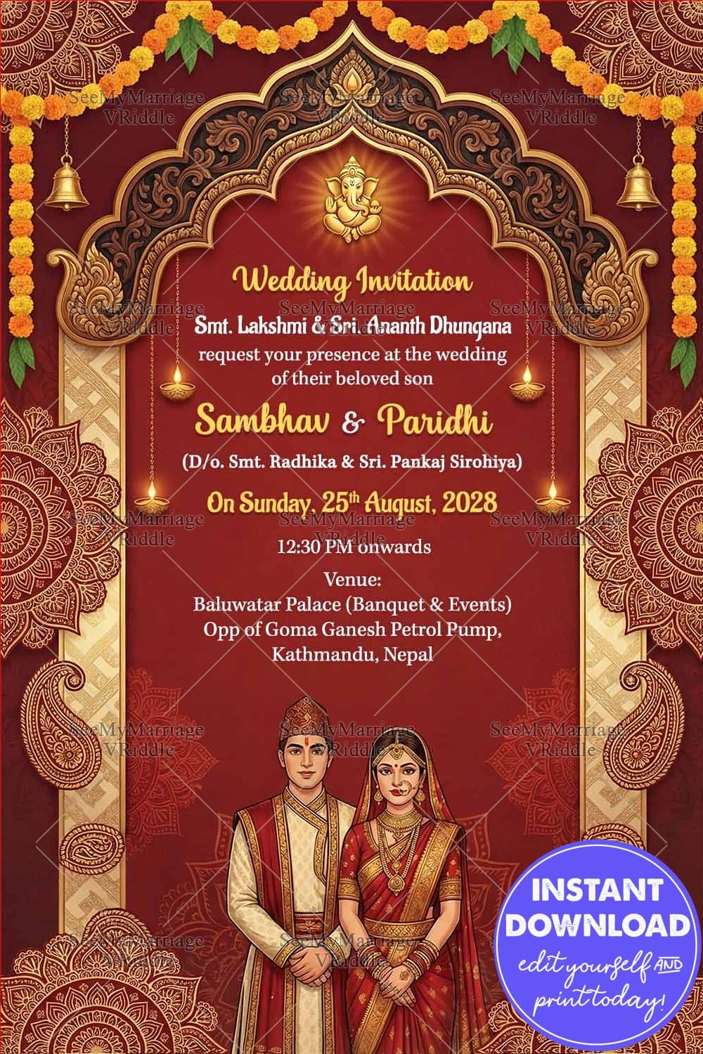 Royal Indian Nepali Wedding Invitation with Maroon–Gold Palette, Ornate Mandala Borders and Traditional Couple Illustration