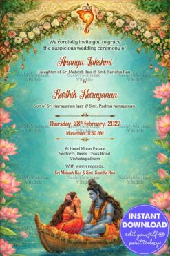 Lord Shiva Shiva–Parvati Wedding Invitation with Floral Garlands, Lotus Motifs & Temple Elegance