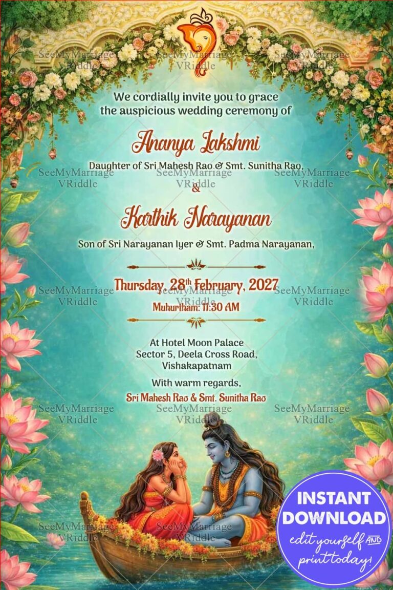 Lord Shiva Shiva–Parvati Wedding Invitation with Floral Garlands, Lotus Motifs & Temple Elegance