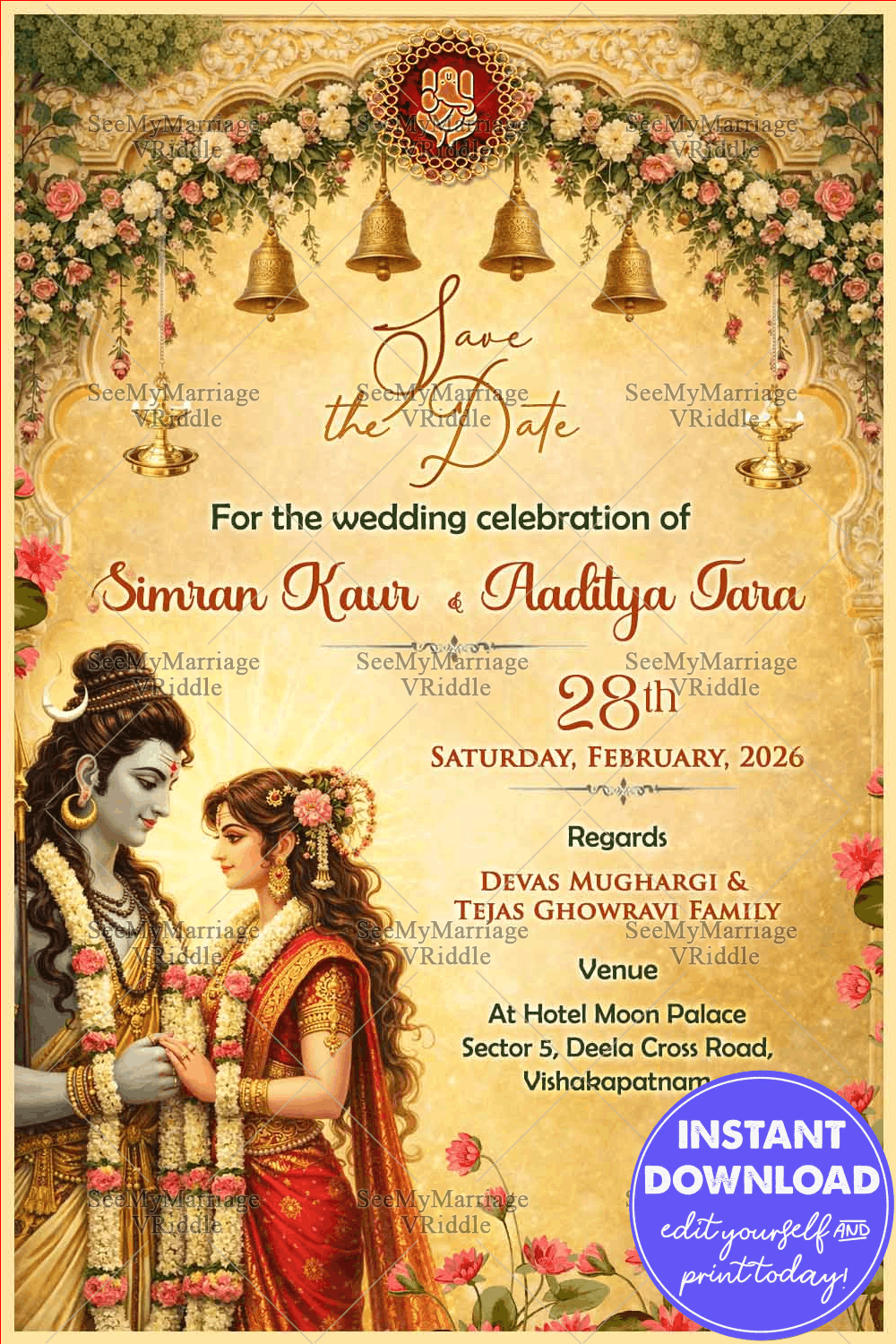 Shiva–Parvati Save the Date Wedding Card with Golden Floral Arch, Temple Bells & Lotus Accents