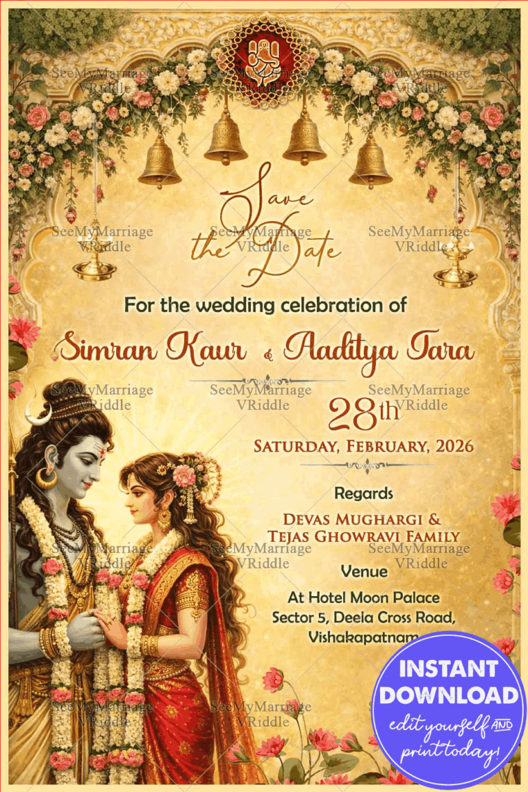 Shiva–Parvati Save the Date Wedding Card with Golden Floral Arch, Temple Bells & Lotus Accents