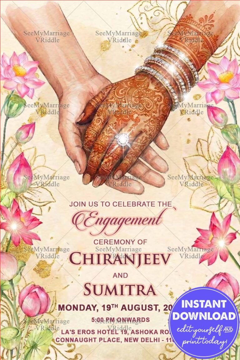 Hand-Holding Illustration Engagement Invitation with Floral Lotus Borders and Soft Pastel Indian Aesthetic
