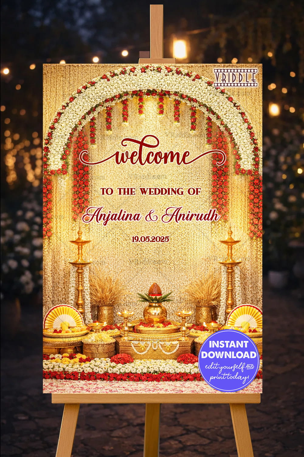 Floral Mandap Wedding Welcome Board with Jasmine Arch, Brass Lamps & Traditional Kalash