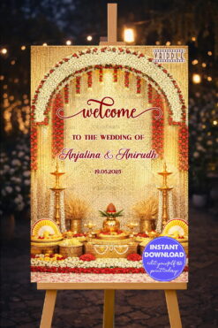 Floral Mandap Wedding Welcome Board with Jasmine Arch, Brass Lamps & Traditional Kalash