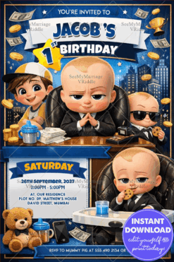 1st Birthday Boss Baby Invitation with Executive Desk, Money Rain & Mini CEO Theme