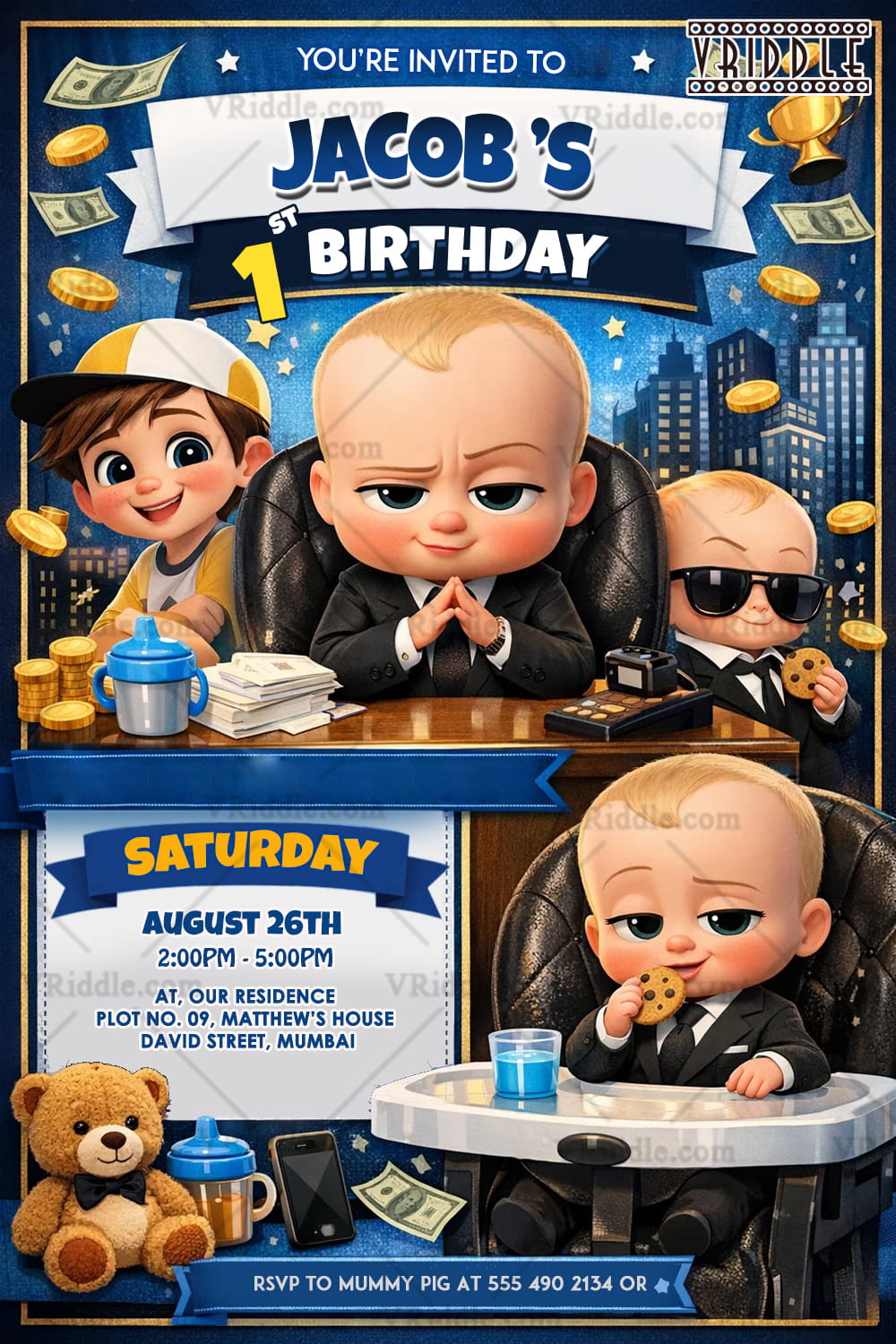 1st Birthday Boss Baby Invitation with Executive Desk, Money Rain & Mini CEO Theme