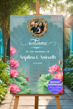 Lotus Lake Wedding Welcome Board with Ornate Photo Frame, Soft Teal Backdrop & Floral Accents