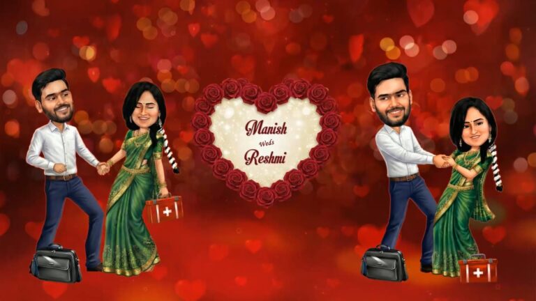 A Joyous Wedding Invitation: Beautifully Adorned with a Red Rose Heart Wreath and Personalized Caricatures Holding a Briefcase and Medical Kit.