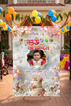 Adorable Bengali Prothom Jonmodin Invitation Card with Featuring Baby Photo in Cloud Frame, Soft Balloons & Floral Cake Decor