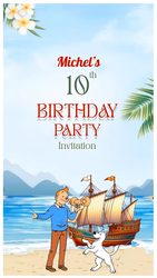 Adventure-Themed Birthday Party Invitation Video with a Playful Seaside Cartoon Scene, Sailing Ship, Cheerful Boy & Dog, Tropical Florals