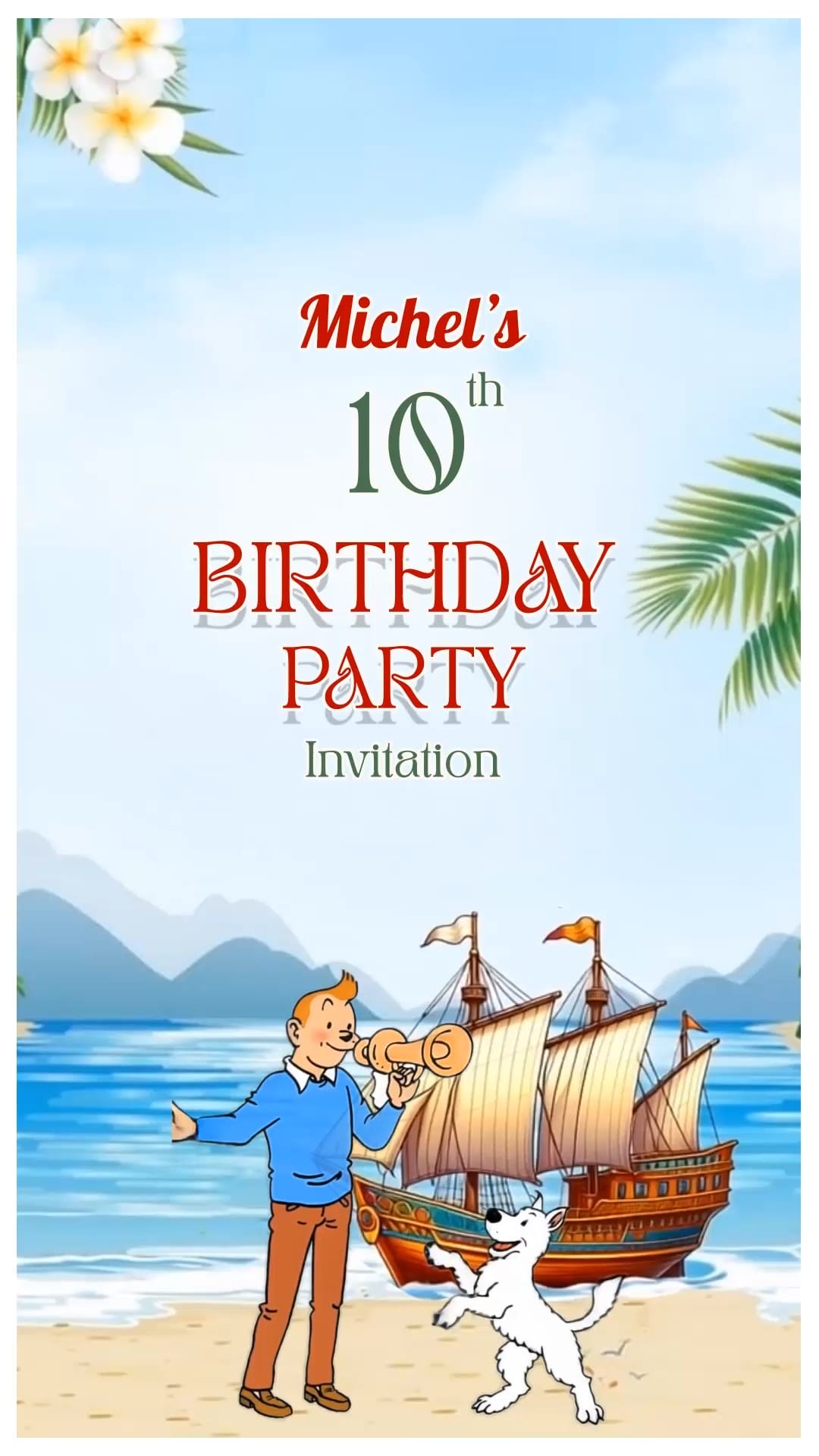 Adventure-Themed Birthday Party Invitation Video with a Playful Seaside Cartoon Scene, Sailing Ship, Cheerful Boy & Dog, Tropical Florals