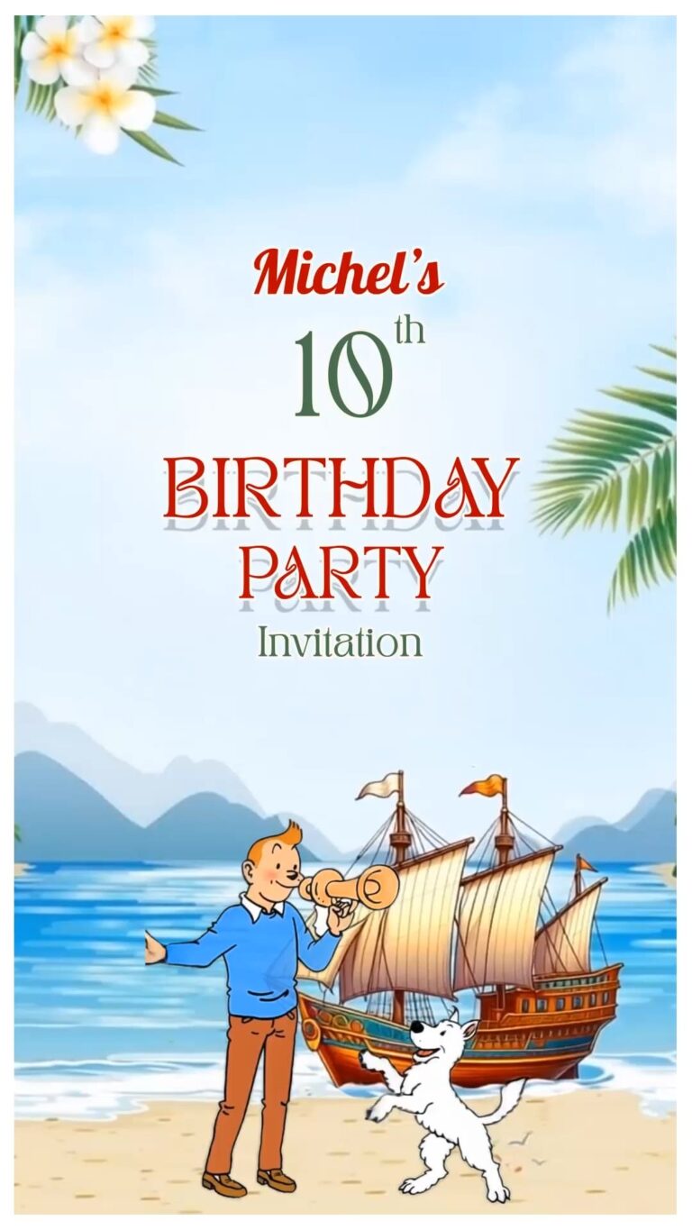 Adventure-Themed Birthday Party Invitation Video with a Playful Seaside Cartoon Scene, Sailing Ship, Cheerful Boy & Dog, Tropical Florals