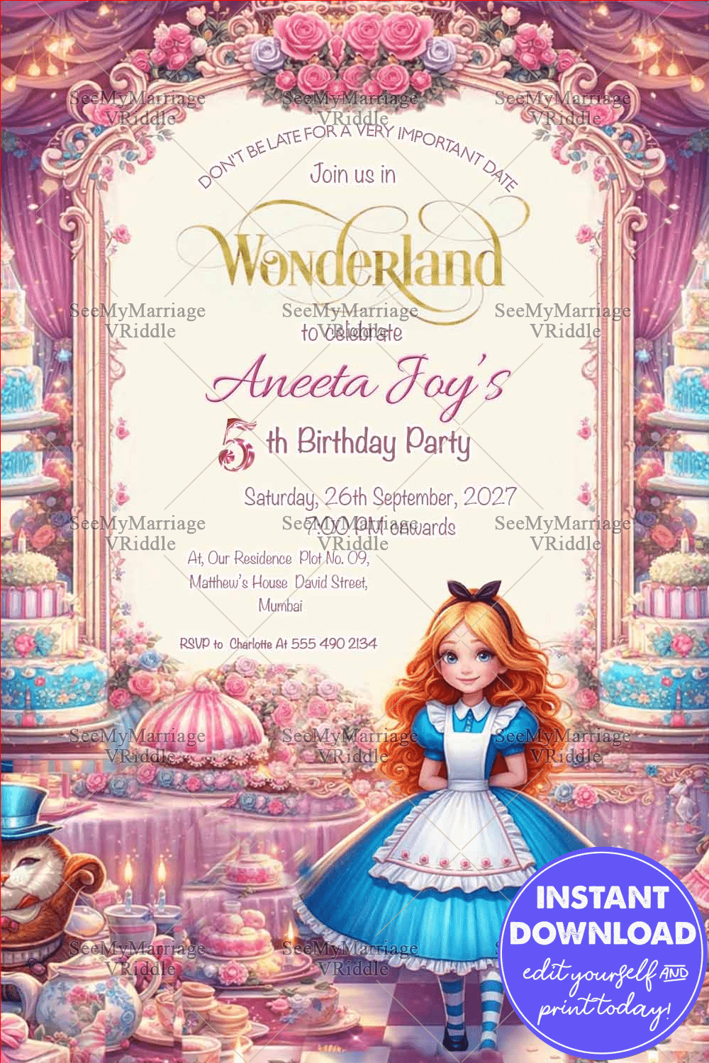 Alice in Wonderland Birthday Invitation with Fantasy Floral Arch, Tea Party Cakes & Storybook Charm (2)