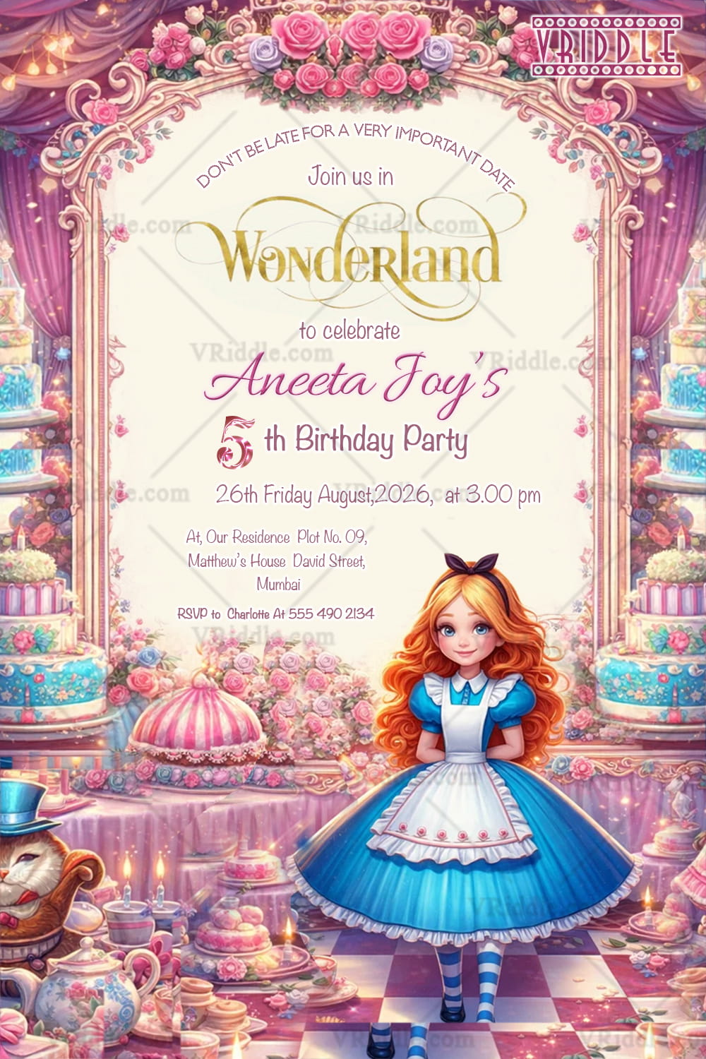 Alice in Wonderland Birthday Invitation with Fantasy Floral Arch, Tea Party Cakes & Storybook Charm