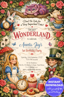 Alice in Wonderland Vintage Storybook Birthday Invitation with Tea Party, Clock Rabbit & Whimsical Characters