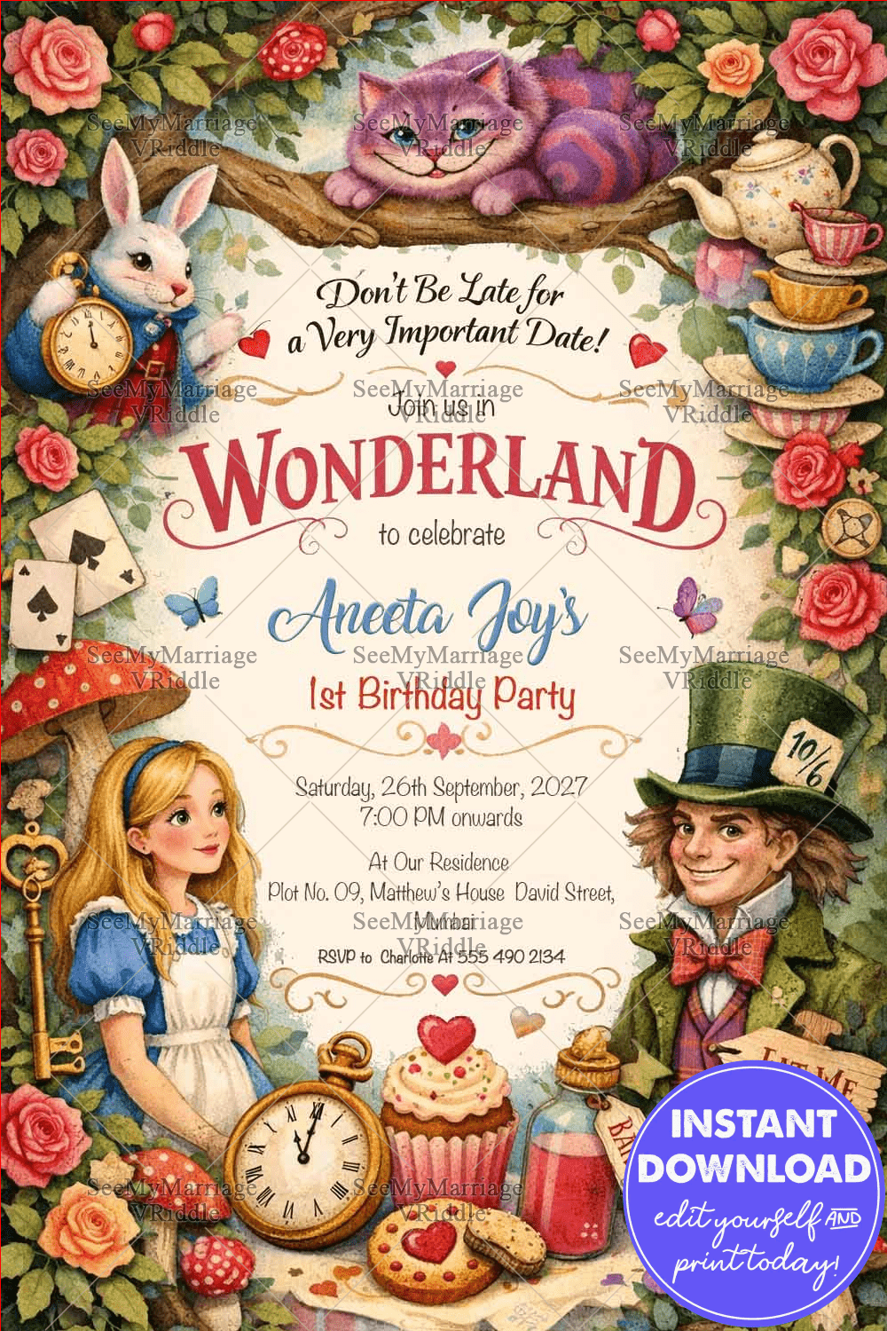 Alice in Wonderland Vintage Storybook Birthday Invitation with Tea Party, Clock Rabbit & Whimsical Characters