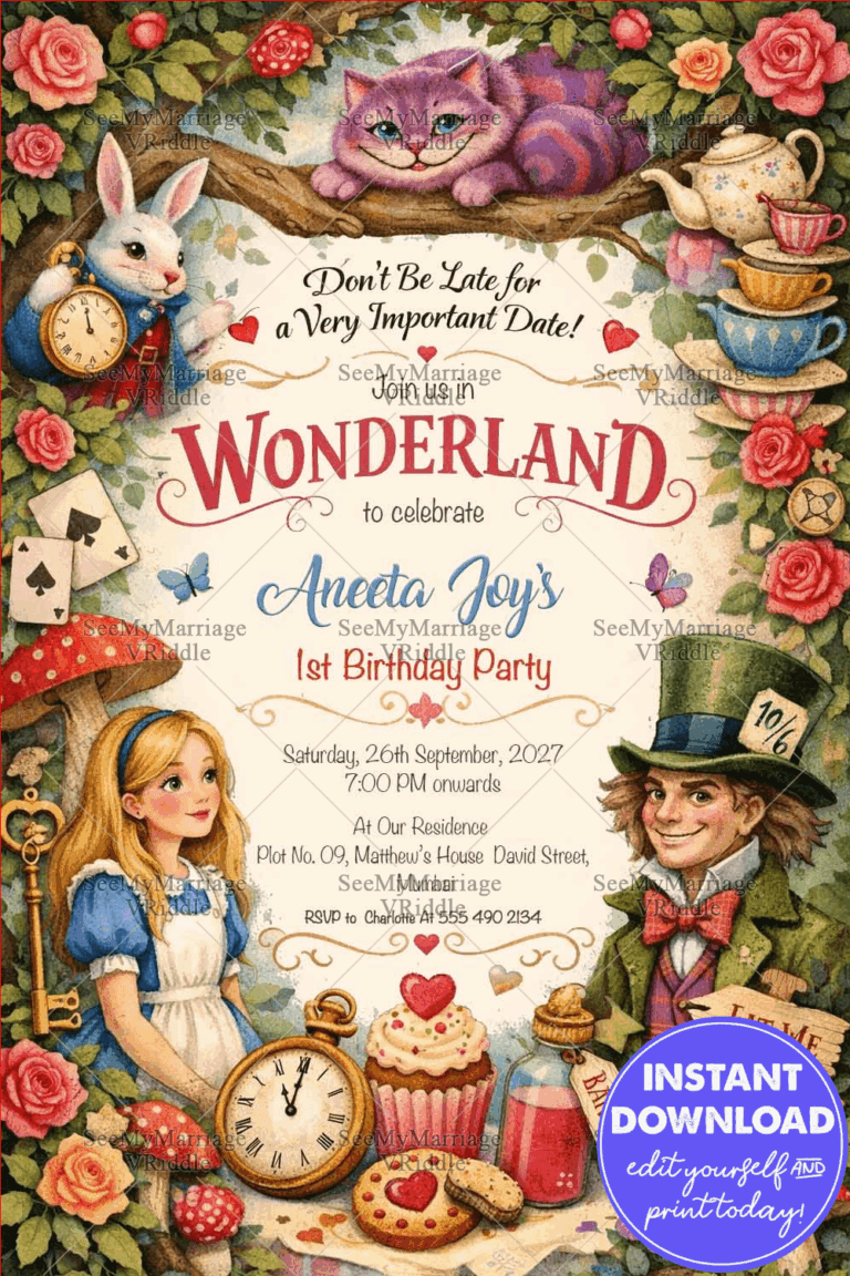 Alice in Wonderland Vintage Storybook Birthday Invitation with Tea Party, Clock Rabbit & Whimsical Characters