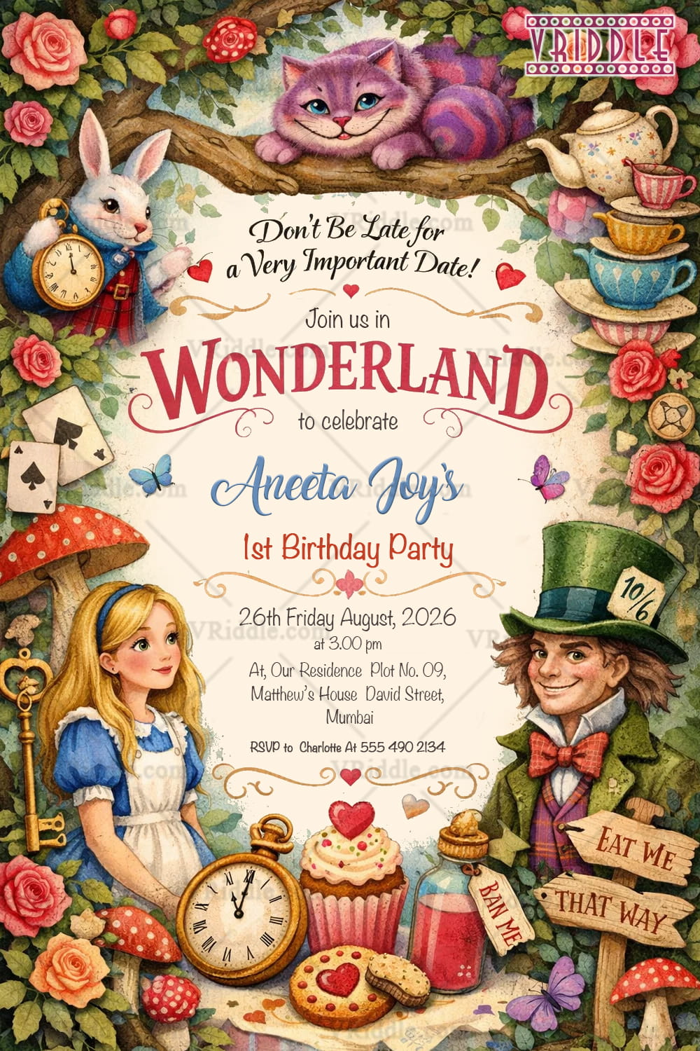 Alice in Wonderland Vintage Storybook Birthday Invitation with Tea Party, Clock Rabbit & Whimsical Characters