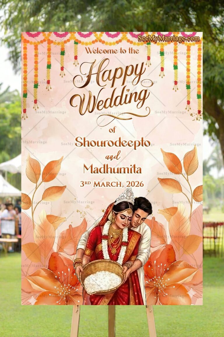 Autumn Floral Bengali Wedding Welcome Banner with Traditional Ritual Illustration of the Bride and Groom