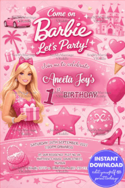 Barbie Pink Birthday Invitation with Princess Icons, Gift Motifs & Glam Party Vibes