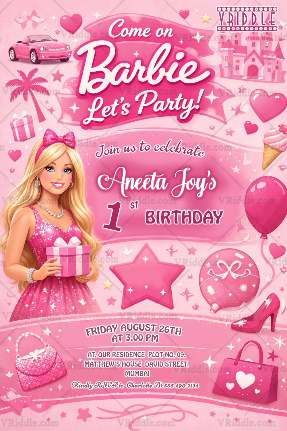 Barbie Pink Birthday Invitation with Princess Icons, Gift Motifs & Glam Party Vibes