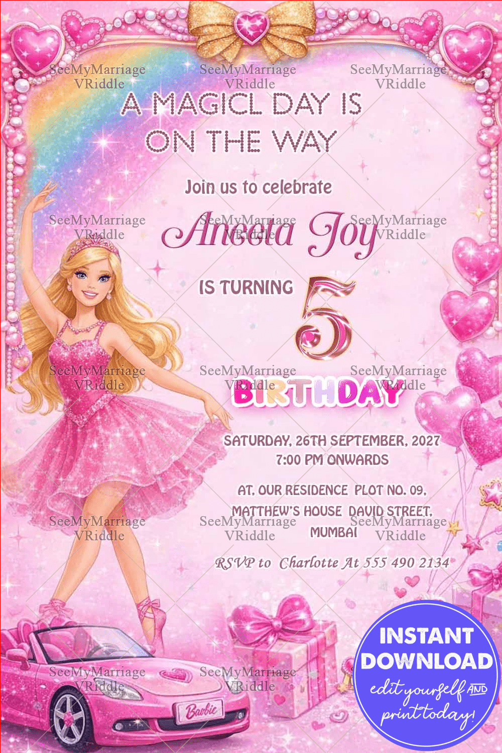 Barbie Princess Pink Birthday Invitation Card with Glitter Bow, Rainbow Sparkles & Doll Illustration