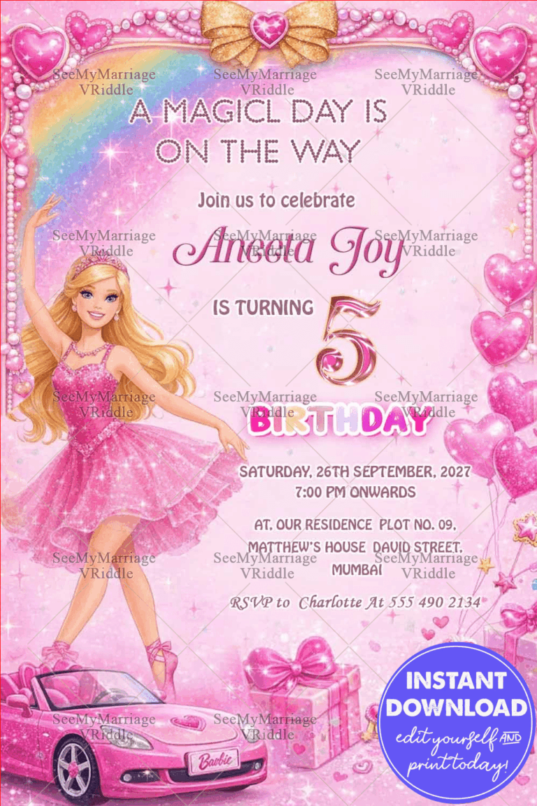 Barbie Princess Pink Birthday Invitation Card with Glitter Bow, Rainbow Sparkles & Doll Illustration