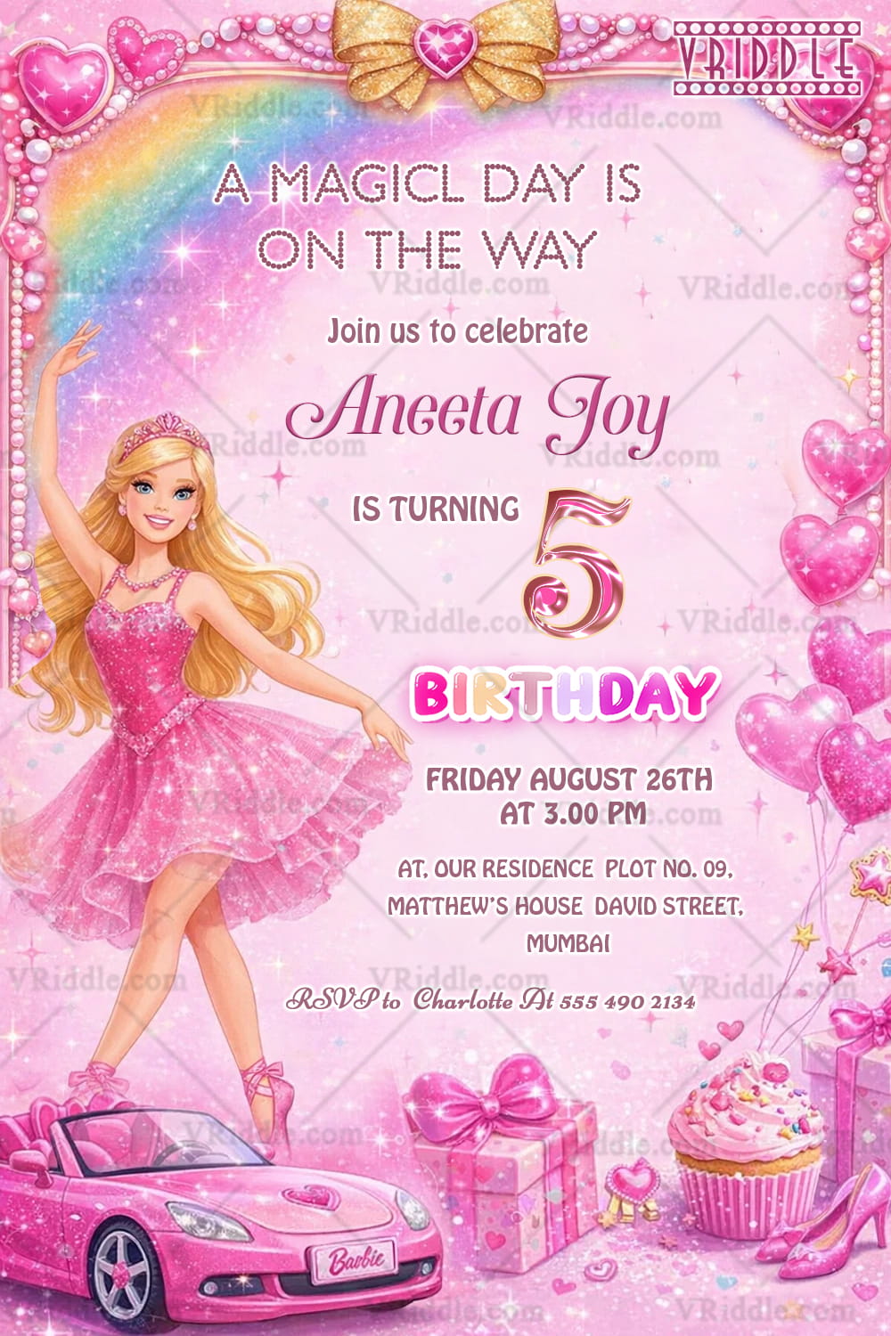 Barbie Princess Pink Birthday Invitation Card with Glitter Bow, Rainbow Sparkles & Doll Illustration