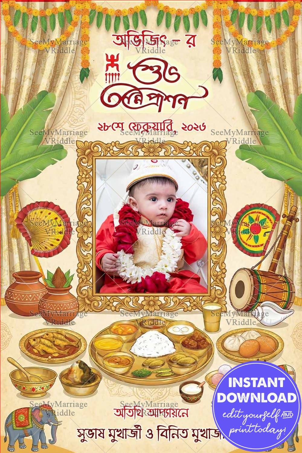 Bengali Mukhe Bhat Invitation with Add Photo, Festive Toran Decor & Grand Annaprashan Feast