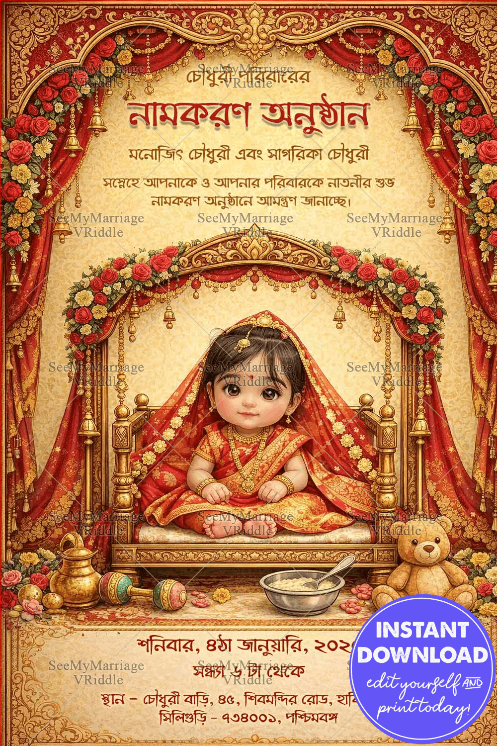 Bengali Naming Ceremony Invitation with Royal Red Drapes, Floral Mandap & Adorable Baby Portrait