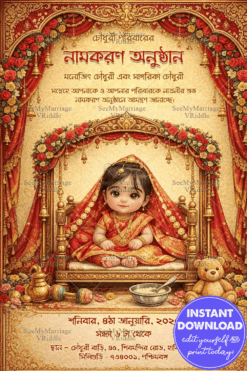 Bengali Naming Ceremony Invitation with Royal Red Drapes, Floral Mandap & Adorable Baby Portrait