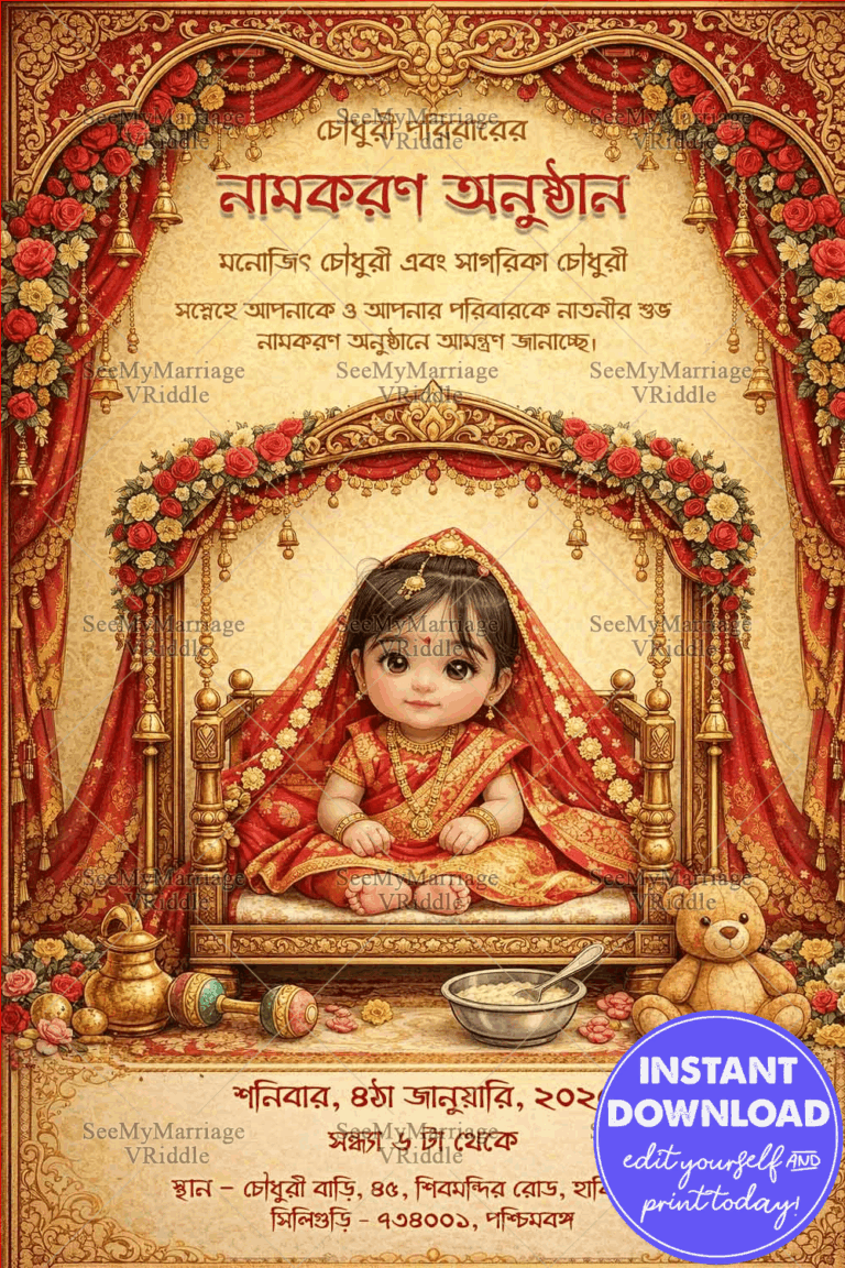 Bengali Naming Ceremony Invitation with Royal Red Drapes, Floral Mandap & Adorable Baby Portrait