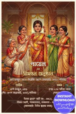 Bengali Shaad Invitation Showcasing a Radiant Mom-to-Be Surrounded by Loving Family, Ritual Blessings