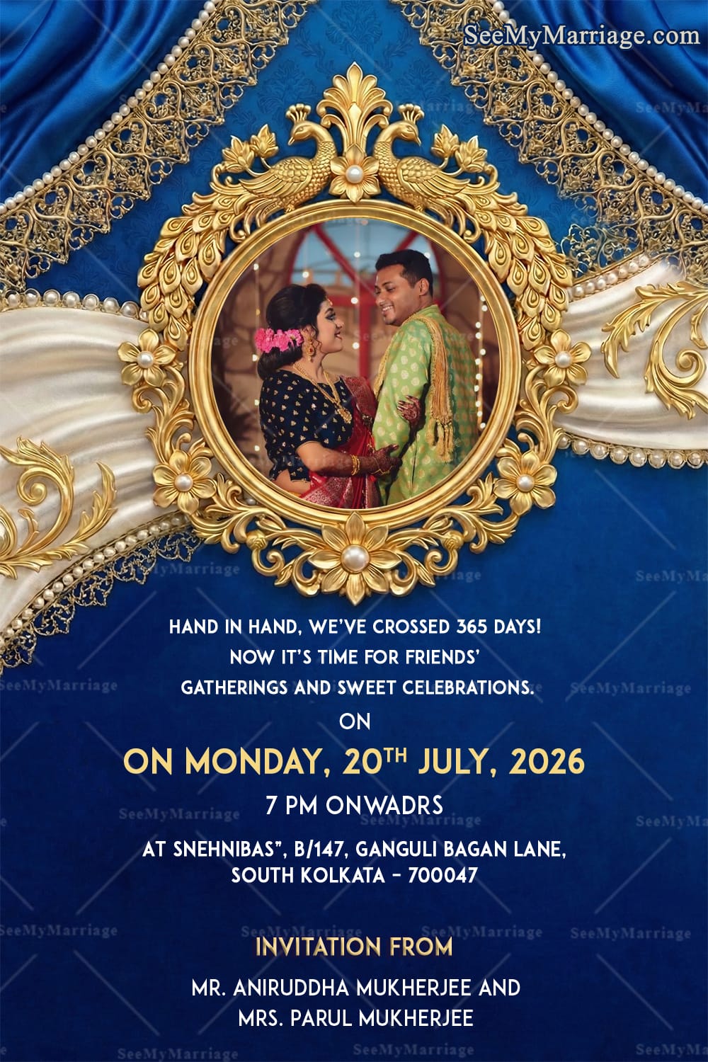 Blue & Gold Wedding Anniversary Invitation with Add Photo and Ornate Golden Frame Celebrating a Year of Togetherness