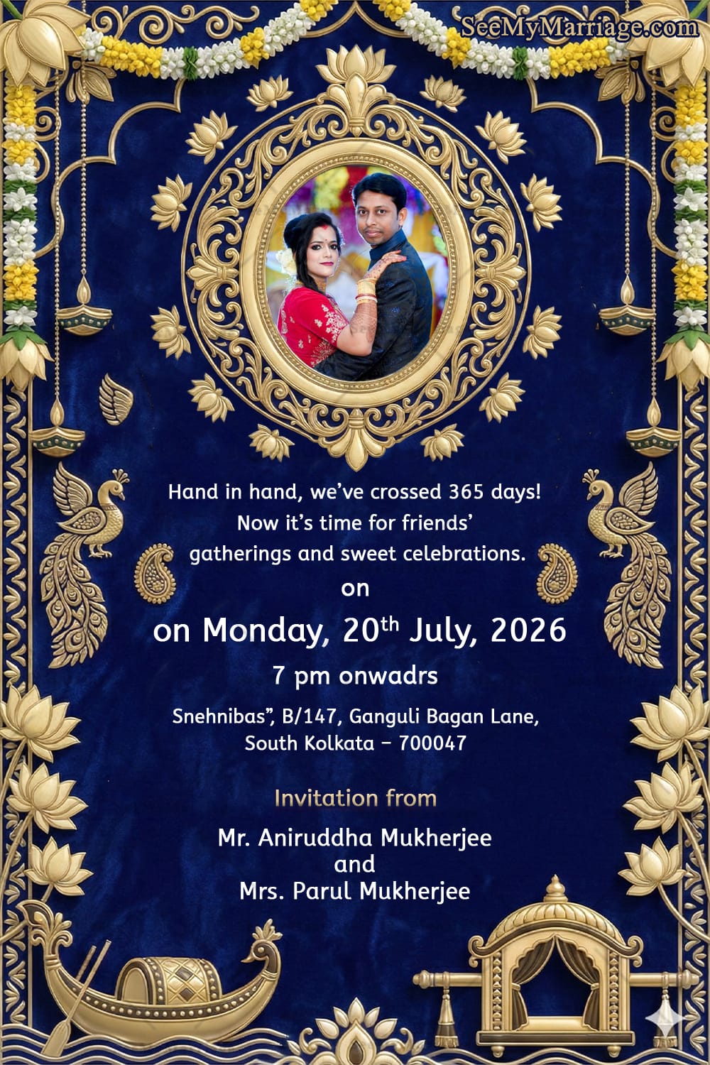 Grand Royal Blue Wedding Anniversary Invitation with Add Photo, Antique Gold Lotus Frame, Floral Garlands and Traditional Indian Motifs