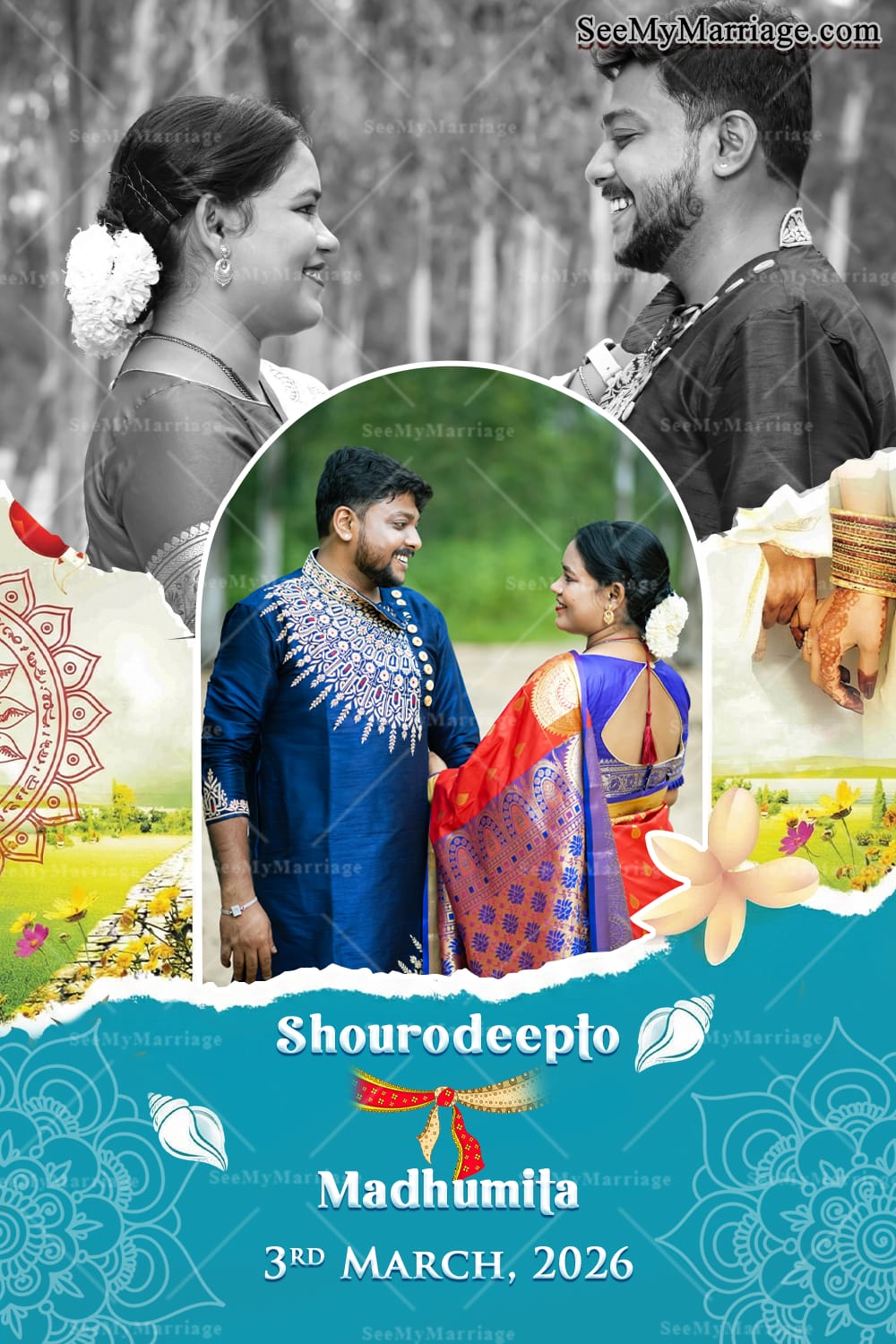 Monochrome Memories Bengali Wedding Welcome Banner with Add Photo and Floral Accents