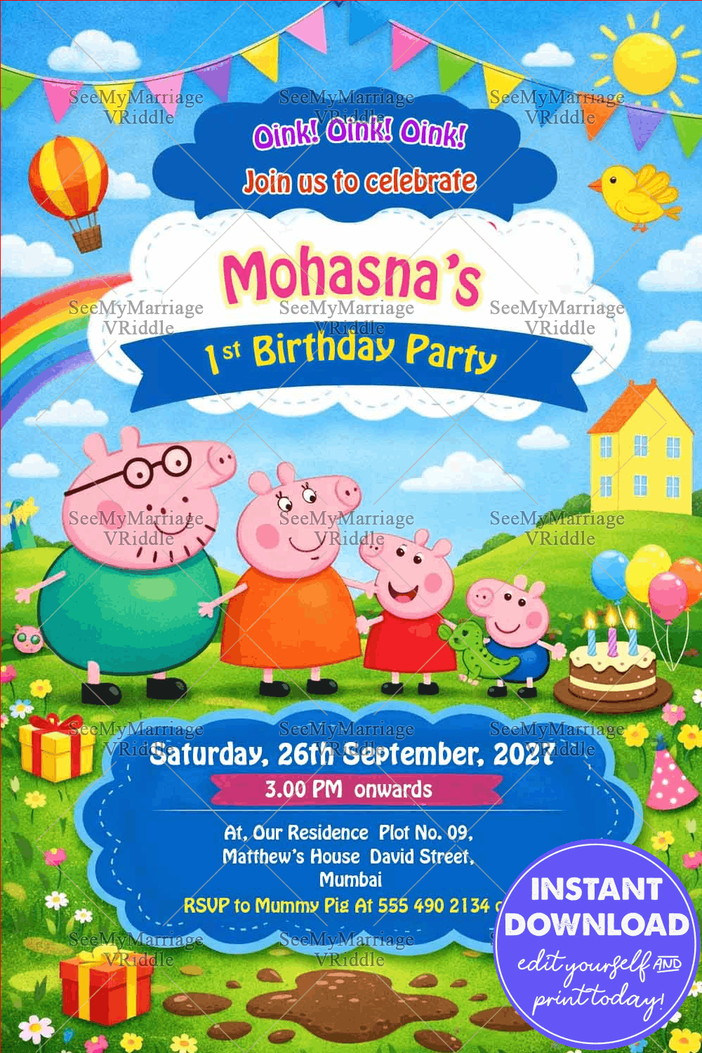 Birthday Invitation with Peppa Pig Cartoon, Rainbow Sky, Party Bunting & Happy Family Scene