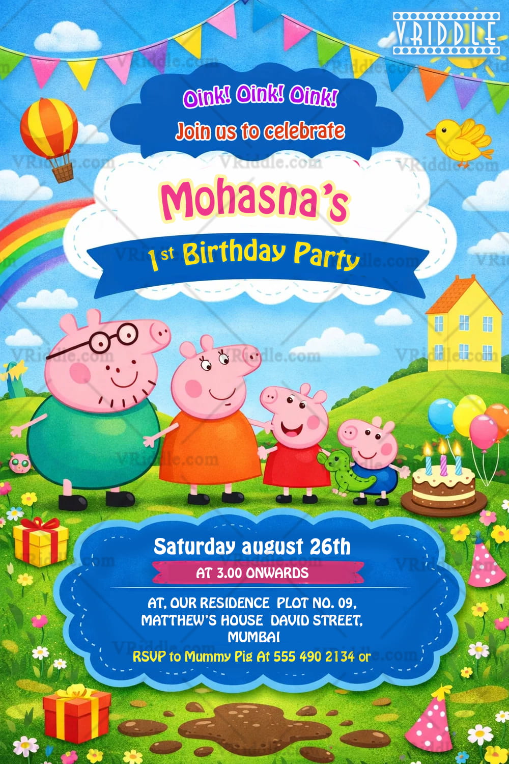 Birthday Invitation with Peppa Pig Cartoon, Rainbow Sky, Party Bunting & Happy Family Scene