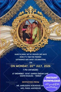Blue & Gold Wedding Anniversary Invitation with Add Photo and Ornate Golden Frame Celebrating a Year of Togetherness