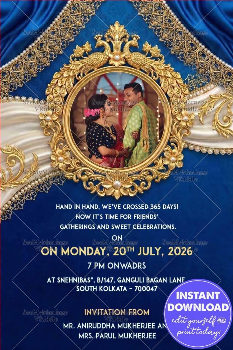 Blue & Gold Wedding Anniversary Invitation with Add Photo and Ornate Golden Frame Celebrating a Year of Togetherness