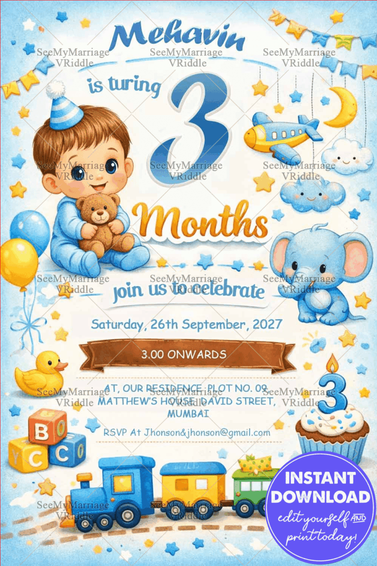 Blue Theme Baby Monthly Birthday Invitation with Teddy, Elephant, Airplane & Starry Nursery Theme